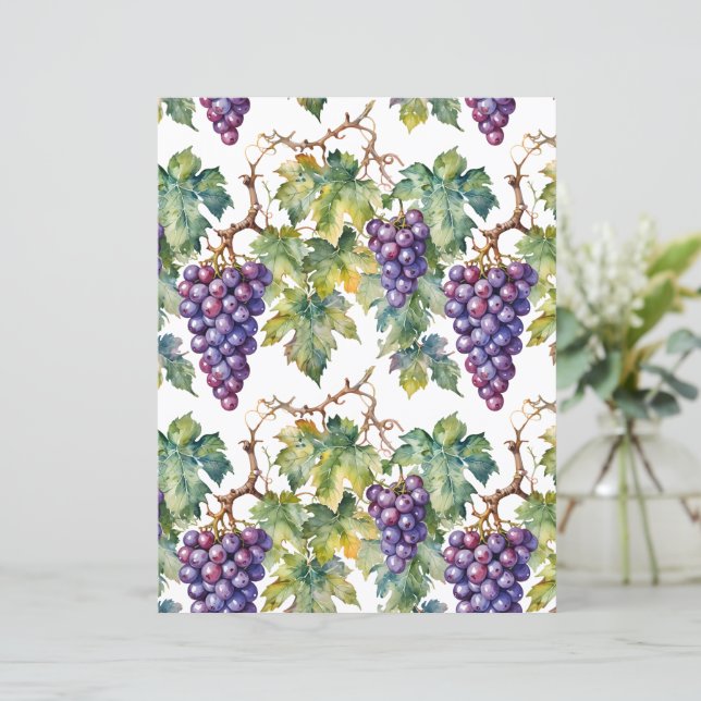 Rustic Watercolor Purple Grapes and Vineyard Paper (Stehend Vorderseite)
