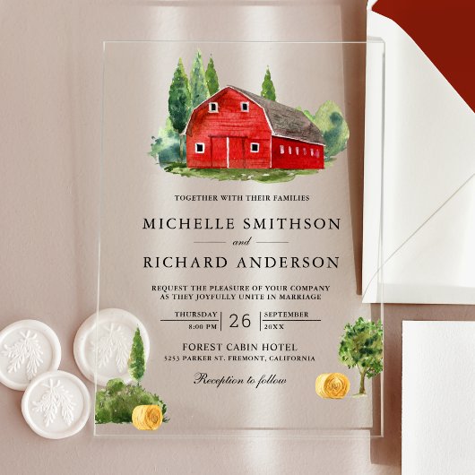 Rustic Watercolor Red Barn Rural Farm Wedding Acryleinladungen