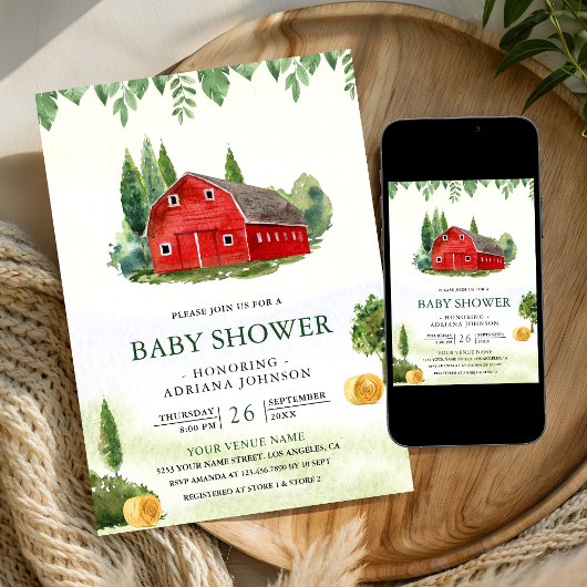 Rustic Watercolor Red Barnyard Farm Baby Shower Einladung