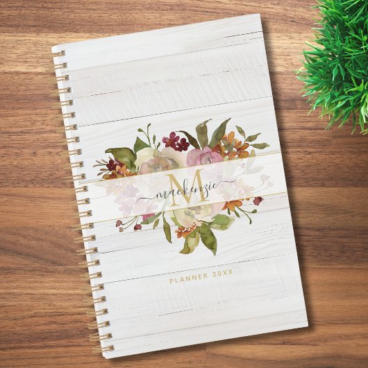 Rustic Watercolor Rose Bouquet Monogram Planer