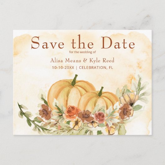 Rustic Watercolor Save the Date Pumpkin Wedding Ankündigungspostkarte (Vorderseite)