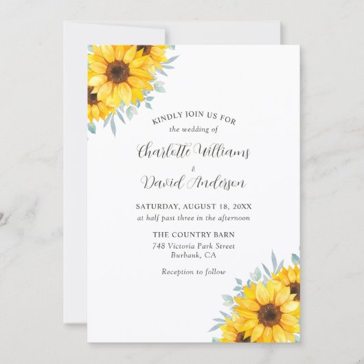 Rustic Watercolor Sunflower Greenery Wedding Einladung (Vorderseite)