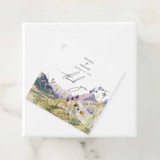 Rustic Watercolor Wildflower Mountain Wedding Geschenkanhänger (Beispiel)