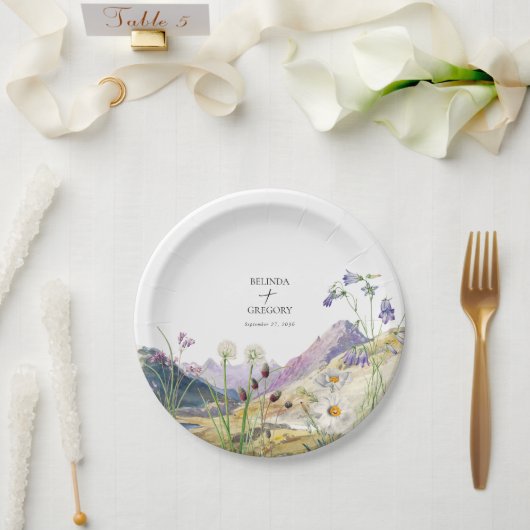 Rustic Watercolor Wildflower Mountain Wedding Pappteller (Hochzeit)