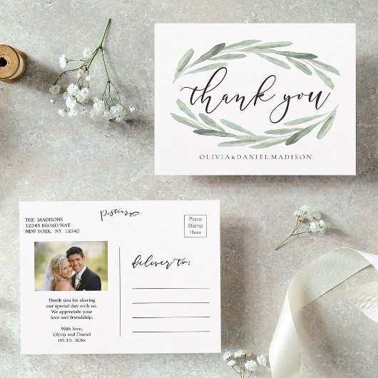 Rustic Watercolor Wreath Wedding Danke Foto Postkarte