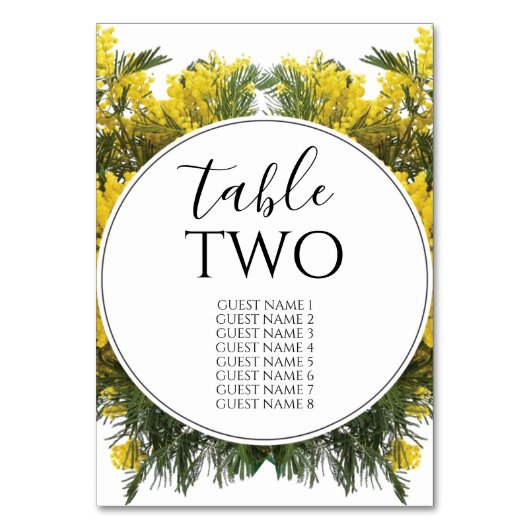 Rustic Wattle Acacia Wedding Guest Names Tischnummer (Vorderseite)