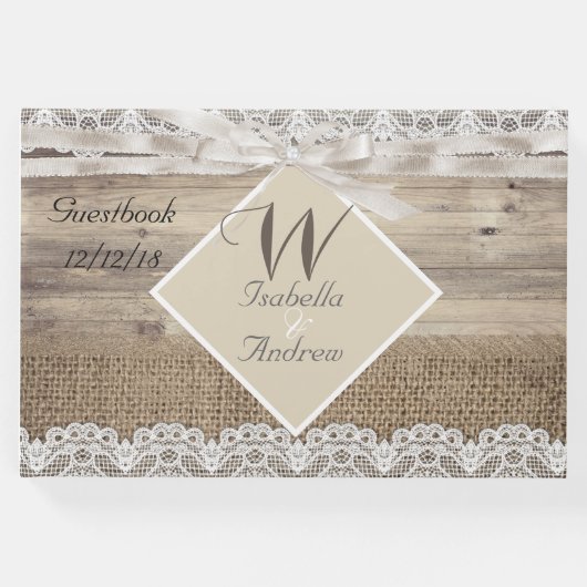Rustic Wedding Beige Lace Wood Burlap Gästebuch (Vorderseite)