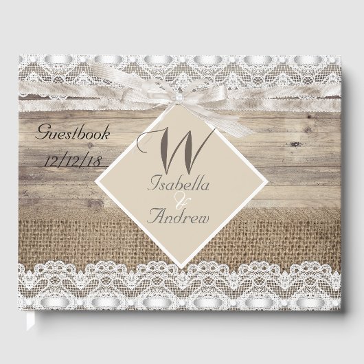 Rustic Wedding Beige Lace Wood Burlap Gästebuch (Vorderseite)