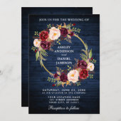 Rustic Wedding Blue Wood Burgundy Wreath Einladung (Vorne/Hinten)