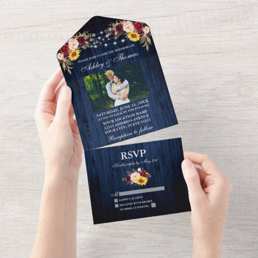 Rustic Wedding Blue Wood Floral Lights Foto All In One Einladung (Abreißen)