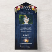 Rustic Wedding Blue Wood Floral Lights Foto All In One Einladung (Innen Boden)