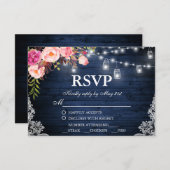 Rustic Wedding Blue Wood Floral Lights Jars UAWG M RSVP Karte (Vorne/Hinten)