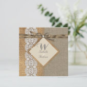 Rustic Wedding Burlap Hessian Lace Pearl Einladung (Stehend Vorderseite)