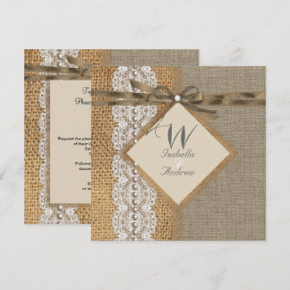 Rustic Wedding Burlap Hessian Lace Pearl Einladung