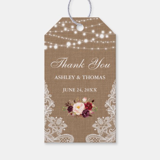 Rustic Wedding Burlap Lace Floral Vielen Dank Geschenkanhänger (Vorderseite)