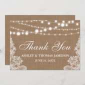 Rustic Wedding Burlap String Lights Lace Vielen Da Dankeskarte (Vorne/Hinten)
