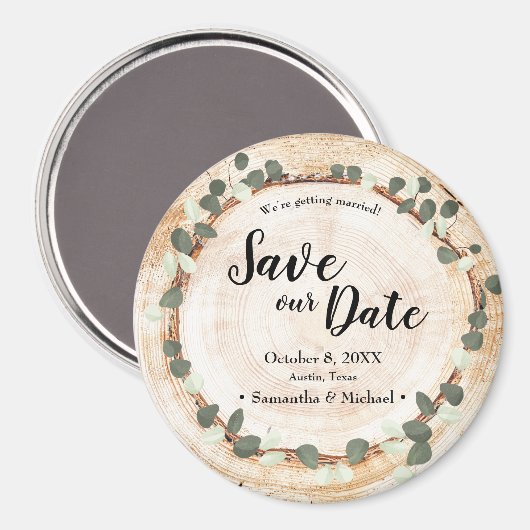 Rustic Wedding Eucalyptus Wood Cut Slice Custom Magnet (Vorderseite/Rückseite)