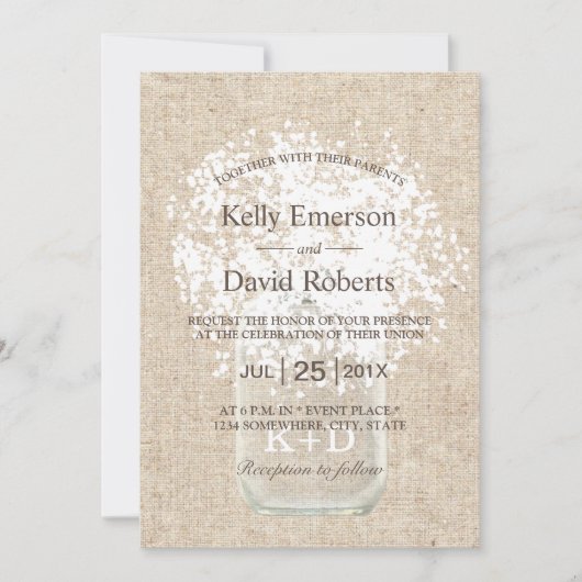Rustic Wedding Gipskraut Mason Jar Einladung (Vorderseite)