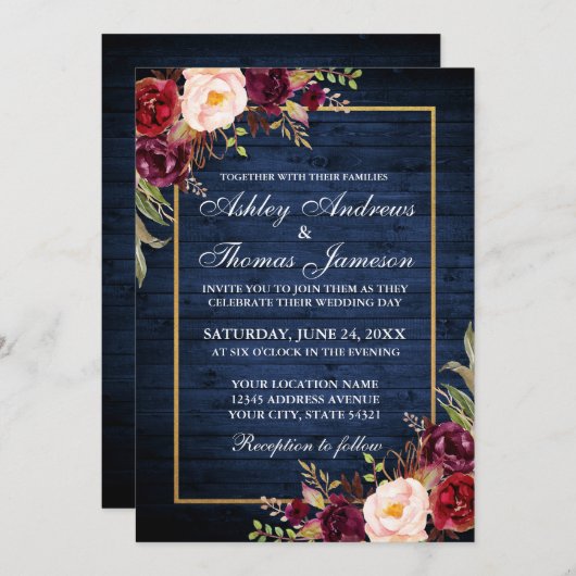 Rustic Wedding Gold Burgundy Blauer Wald Einladung (Vorne/Hinten)