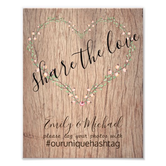 Rustic Wedding Hashtag Sign - Holzherz Bloral Fotodruck (Vorne)