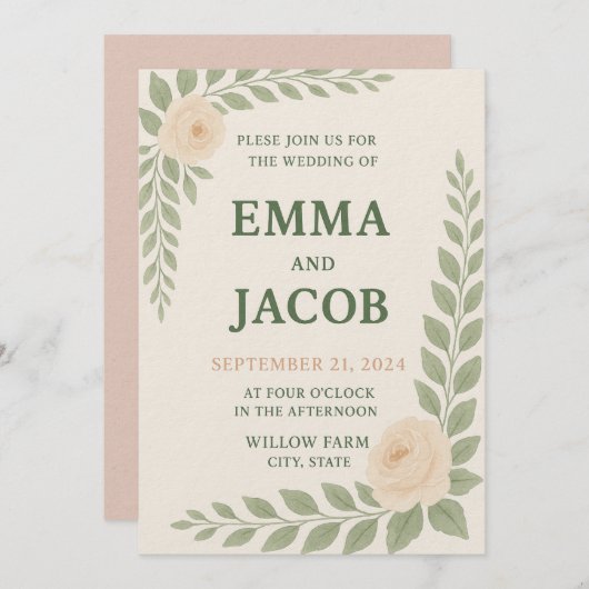 Rustic Wedding Invitation - Sage and Blush Einladung (Vorne/Hinten)