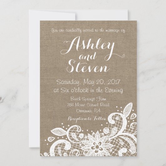 Rustic wedding invitation with lace over burlap einladung (Vorderseite)