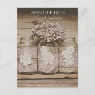 Rustic Wedding Lace Jars SAVE THE DATE Postcard Ankündigungspostkarte