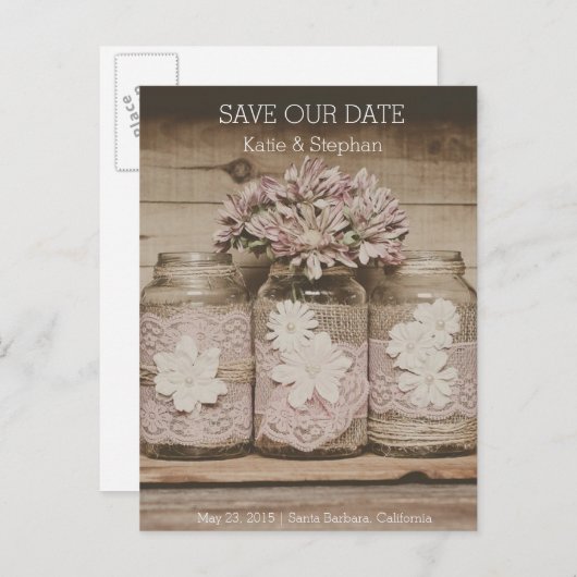 Rustic Wedding Lace Jars SAVE THE DATE Postcard Ankündigungspostkarte (Vorne/Hinten)
