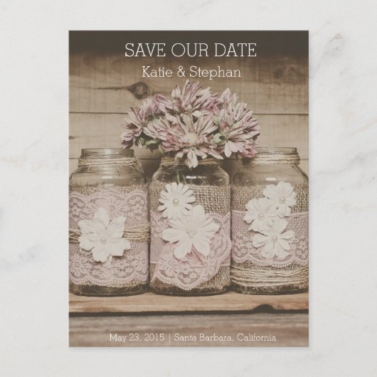 Rustic Wedding Lace Jars SAVE THE DATE Postcard Ankündigungspostkarte (Vorderseite)