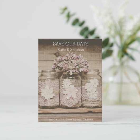 Rustic Wedding Lace Jars SAVE THE DATE Postcard Ankündigungspostkarte (Stehend Vorderseite)