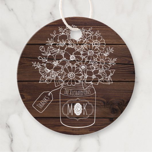 Rustic Wedding Mason Jar Wildblumen Bouquet Wood Geschenkanhänger (Vorderseite)