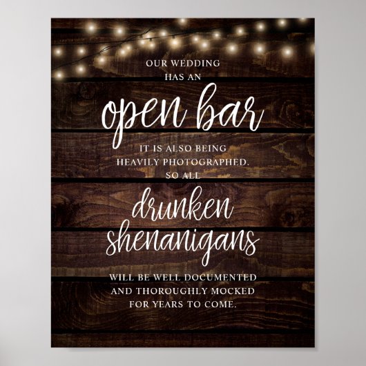 Rustic Wedding Open Bar, Drunken Shenanigans Poster (Vorne)