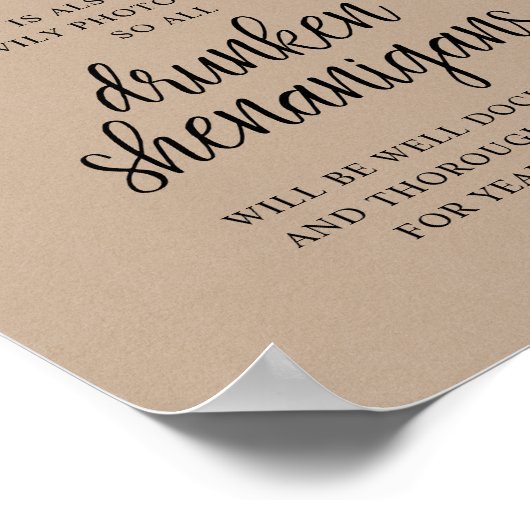 Rustic Wedding Open Bar, Drunken Shenanigans Poster (Ecke)