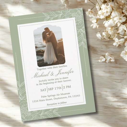 Rustic Wedding Sage Green and White Modern Einladung