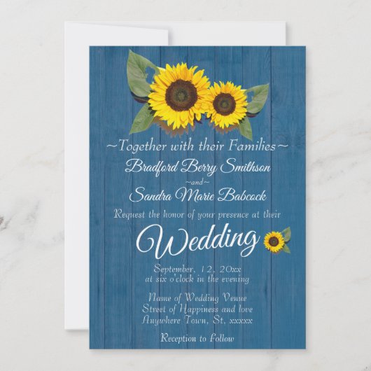 Rustic Wedding Sonnenblumen Blauer Wald Einladung (Vorderseite)