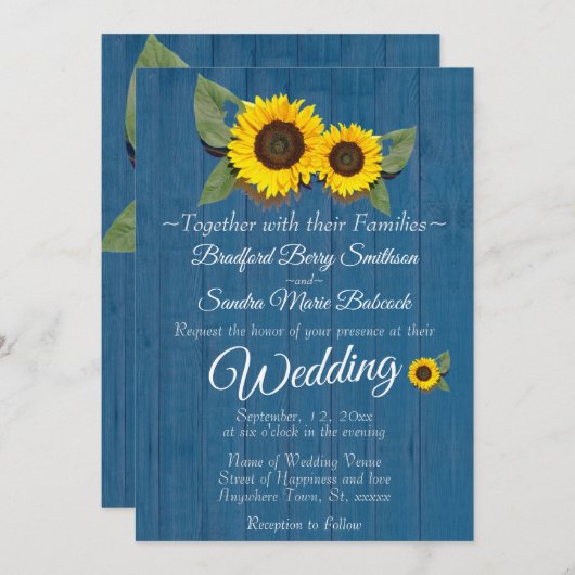 Rustic Wedding Sonnenblumen Blauer Wald Einladung (Vorne/Hinten)