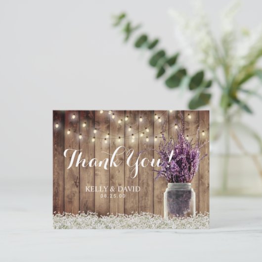 Rustic Wedding String Light Lavender Jar Vielen Da Postkarte (Stehend Vorderseite)