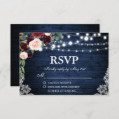 Rustic Wedding Wood Blue Burgundy Floral UAWG RSVP Karte (Vorne/Hinten)