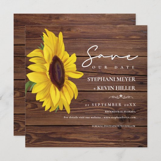 Rustic Wedding Wood Boho Chic Sonnenblume Save The Date (Vorne/Hinten)