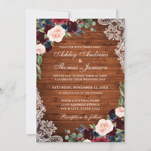 Rustic Wedding Wood Burgundy Blue Floral Einladung (Vorderseite)