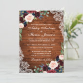 Rustic Wedding Wood Burgundy Blue Floral Einladung (Stehend Vorderseite)