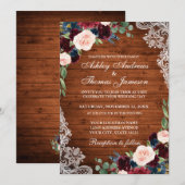 Rustic Wedding Wood Burgundy Blue Floral Einladung (Vorne/Hinten)