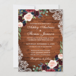 Rustic Wedding Wood Burgundy Blue Floral Einladung