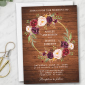 Rustic Wedding Wood Burgundy Blumenreath laden ein Einladung