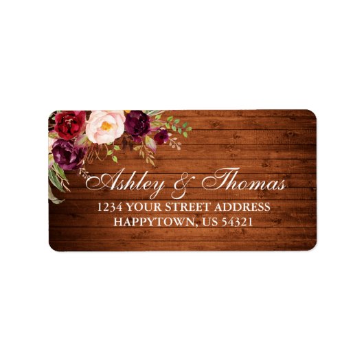 Rustic Wedding Wood Burgundy Floral Address Adressaufkleber (Vorne)