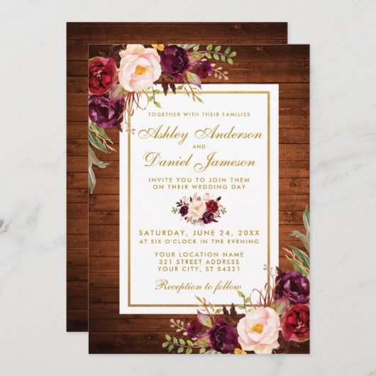 Rustic Wedding Wood Burgundy Floral Wedding Einlad Einladung (Vorne/Hinten)