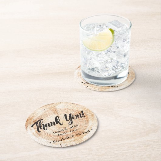 Rustic Wedding Wood Cut Vielen Dank für Ihre Unter Runder Pappuntersetzer (Vor Ort)