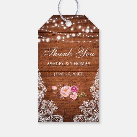 Rustic Wedding Wood Lace Pink Floral Vielen Dank Geschenkanhänger (Vorderseite)