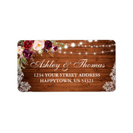 Rustic Wedding Wood Lights Lace Floral Address Adressaufkleber