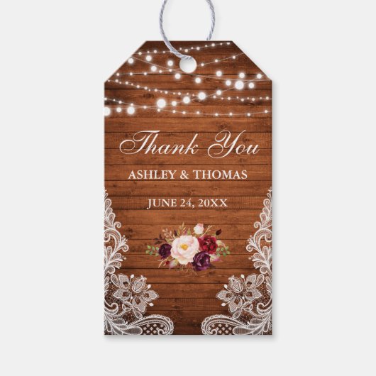 Rustic Wedding Wood Lights Lace Floral Vielen Dank Geschenkanhänger (Vorderseite)